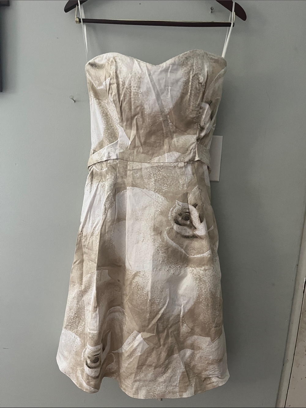 White House Black Market Strapless Beige and Ivory Floral A-Line Dress